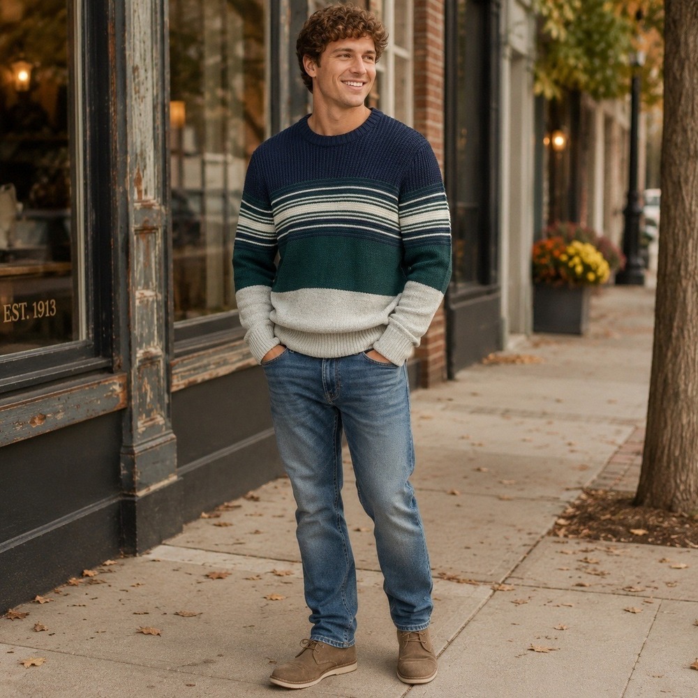 90s American Eagle Men's S Striped Crewneck Sweater Wool Blend Navy Green Preppy